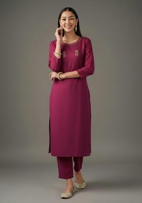 Pink Embroidered Rayon Straight Kurta Set