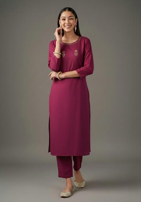 Pink Embroidered Rayon Straight Kurta Set