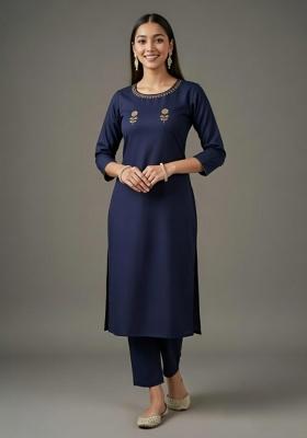 Navy Blue Embroidery Rayon Kurta Set