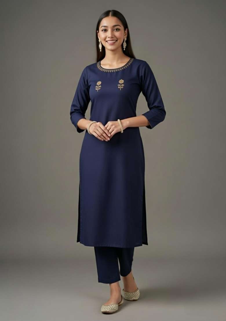 Navy Blue Embroidery Rayon Kurta Set - Indya