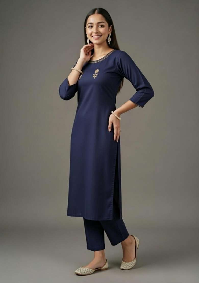 Navy Blue Embroidery Rayon Kurta Set - Indya