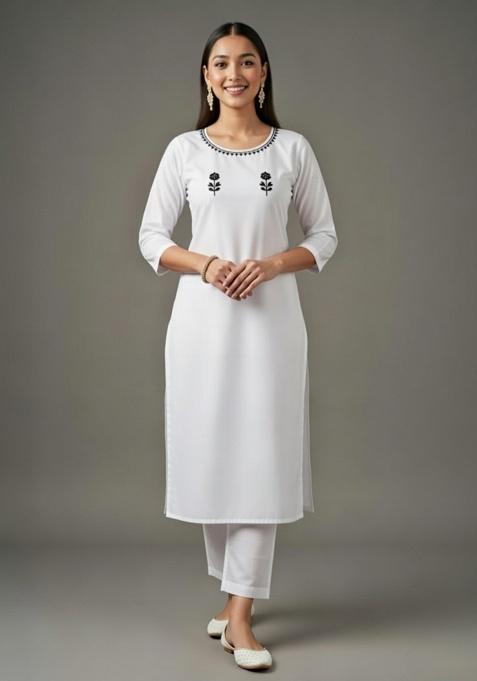 White Embroidered Rayon Straight Kurta Set