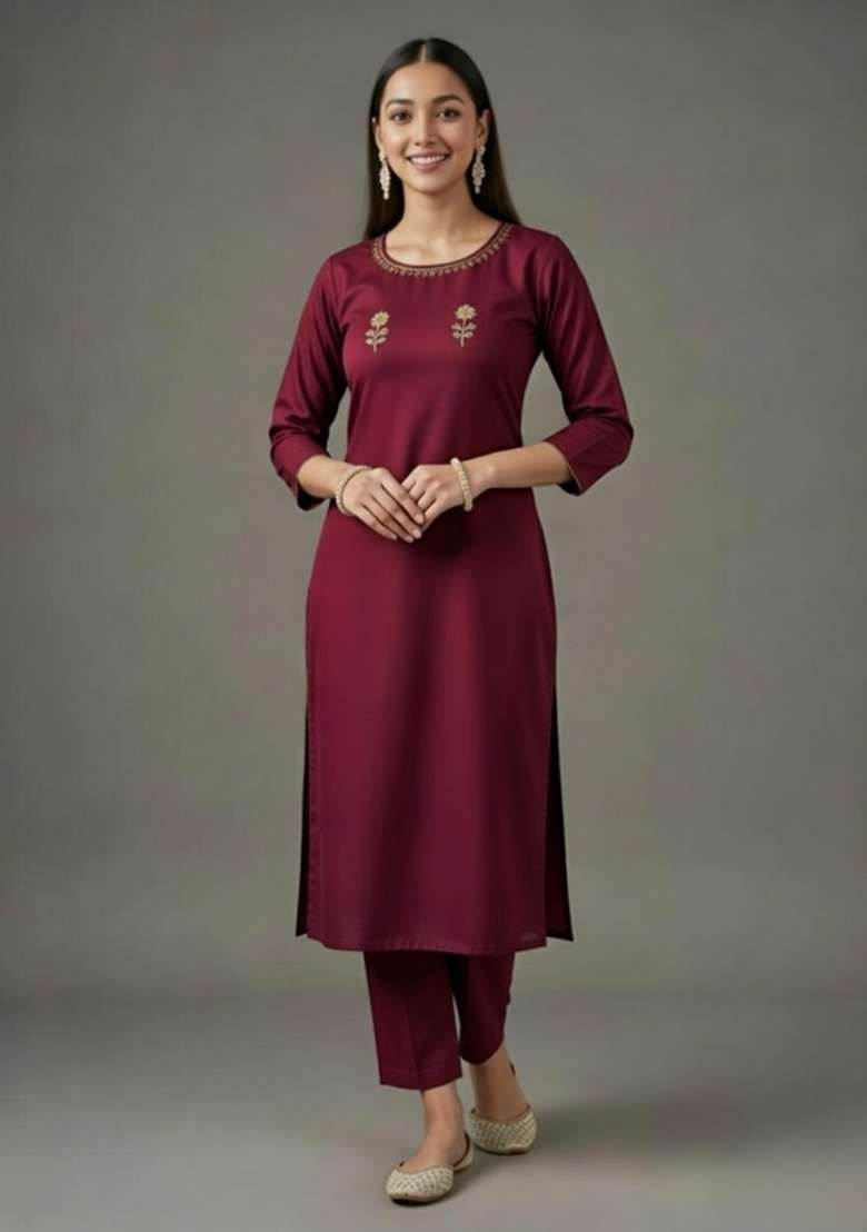 Maroon Embroidered Rayon Straight Kurta Set - Indya