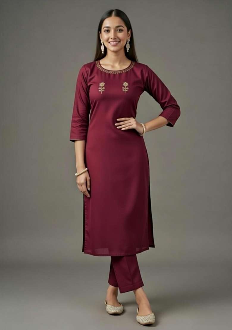 Maroon Embroidered Rayon Straight Kurta Set - Indya