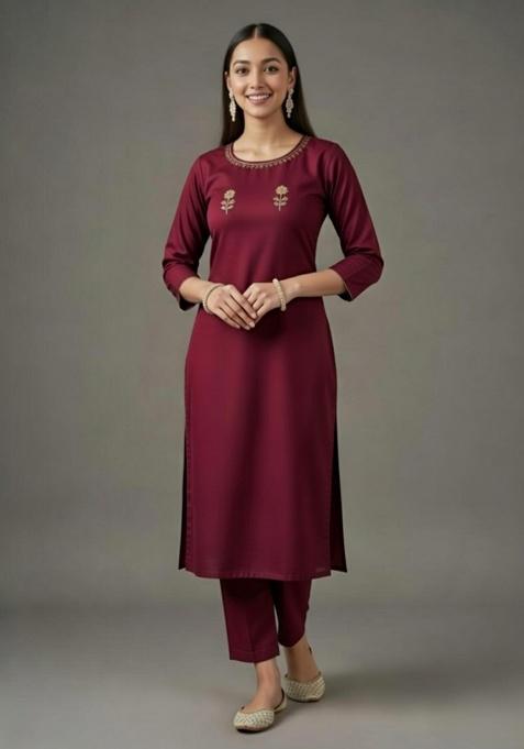 Maroon Embroidered Rayon Straight Kurta Set