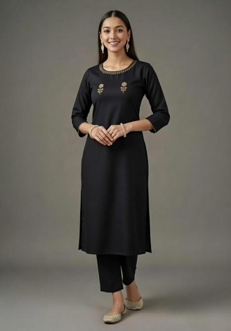 Black Embroidered Rayon Straight Kurta Set