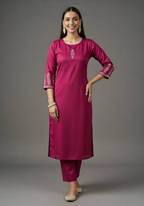 Pink Embroidered Rayon Straight Kurta Set