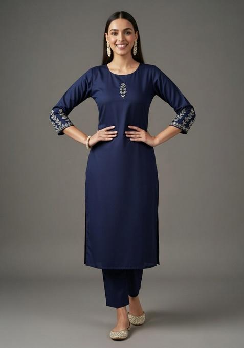 Navy Blue Embroidered Rayon Straight Kurta Set