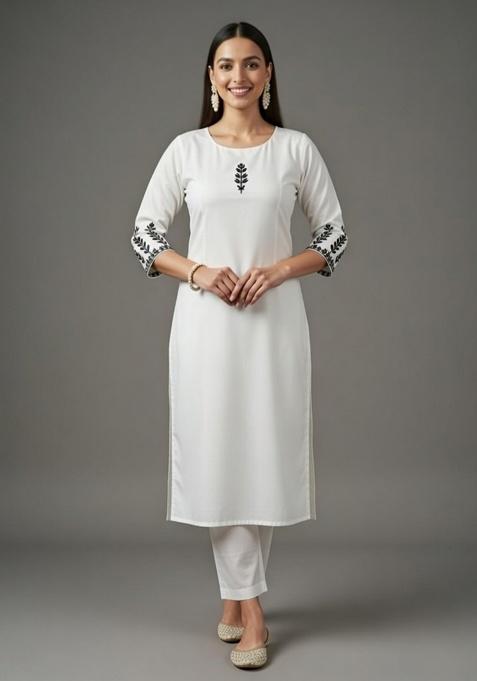 White Embroidered Rayon Straight Kurta Set