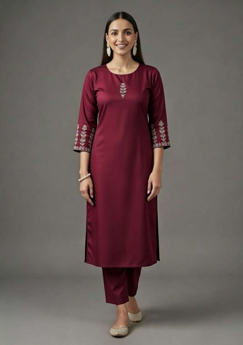 Maroon Embroidered Rayon Straight Kurta Set - Indya
