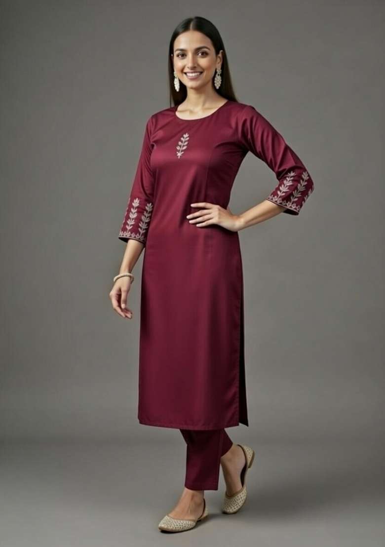 Maroon Embroidered Rayon Straight Kurta Set - Indya