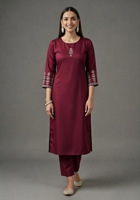 Maroon Embroidered Rayon Straight Kurta Set