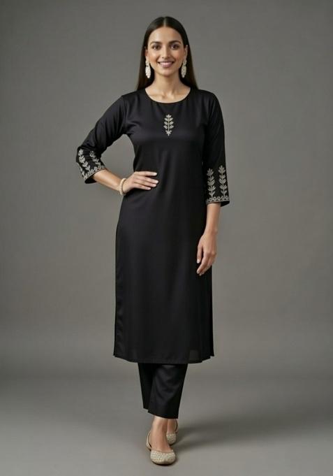 Black Embroidered Rayon Straight Kurta Set