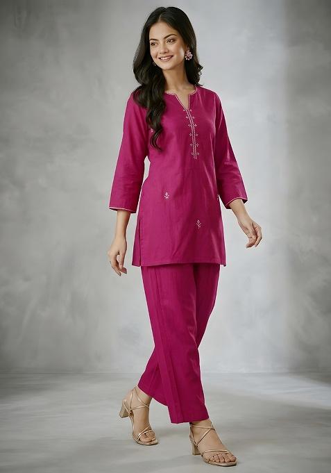 Pink Embroidered Rayon Co Ord Set
