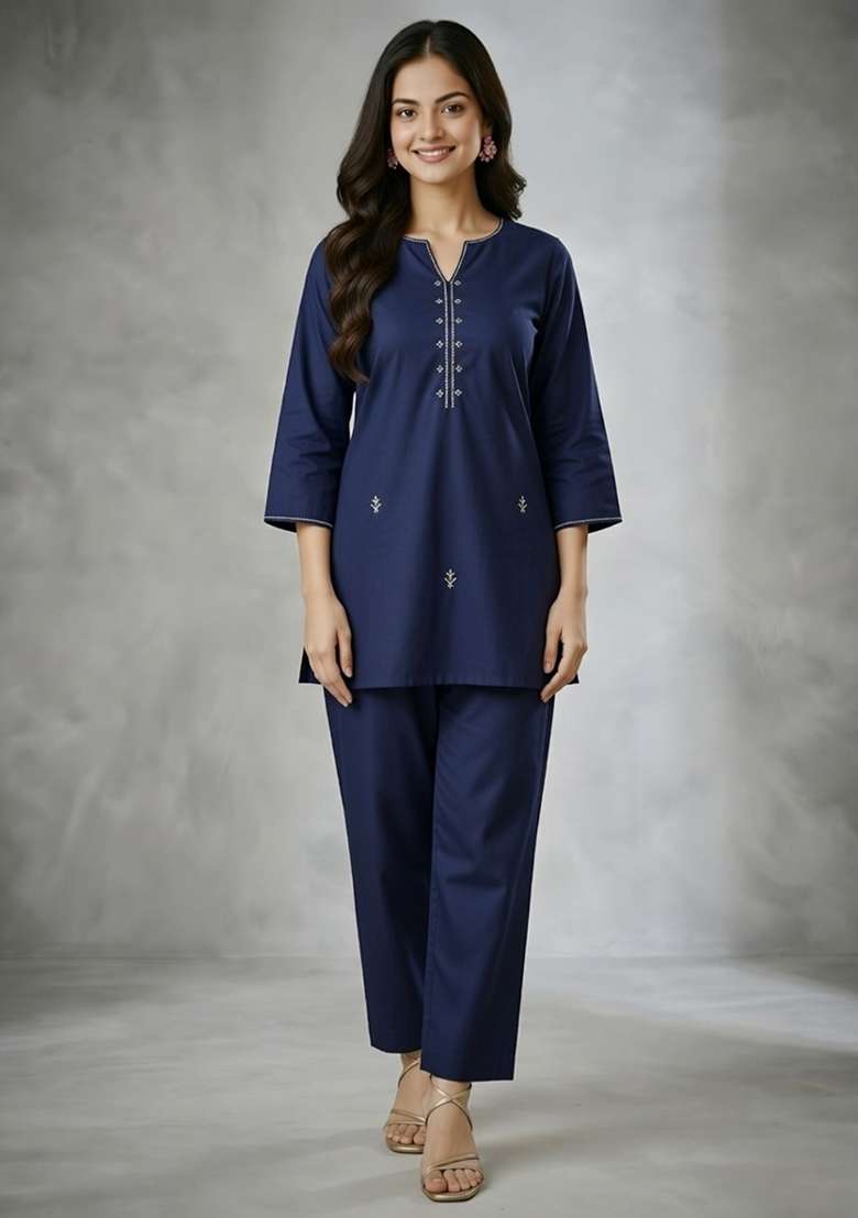 Navy Blue Embroidered Rayon Co Ord Set - Indya