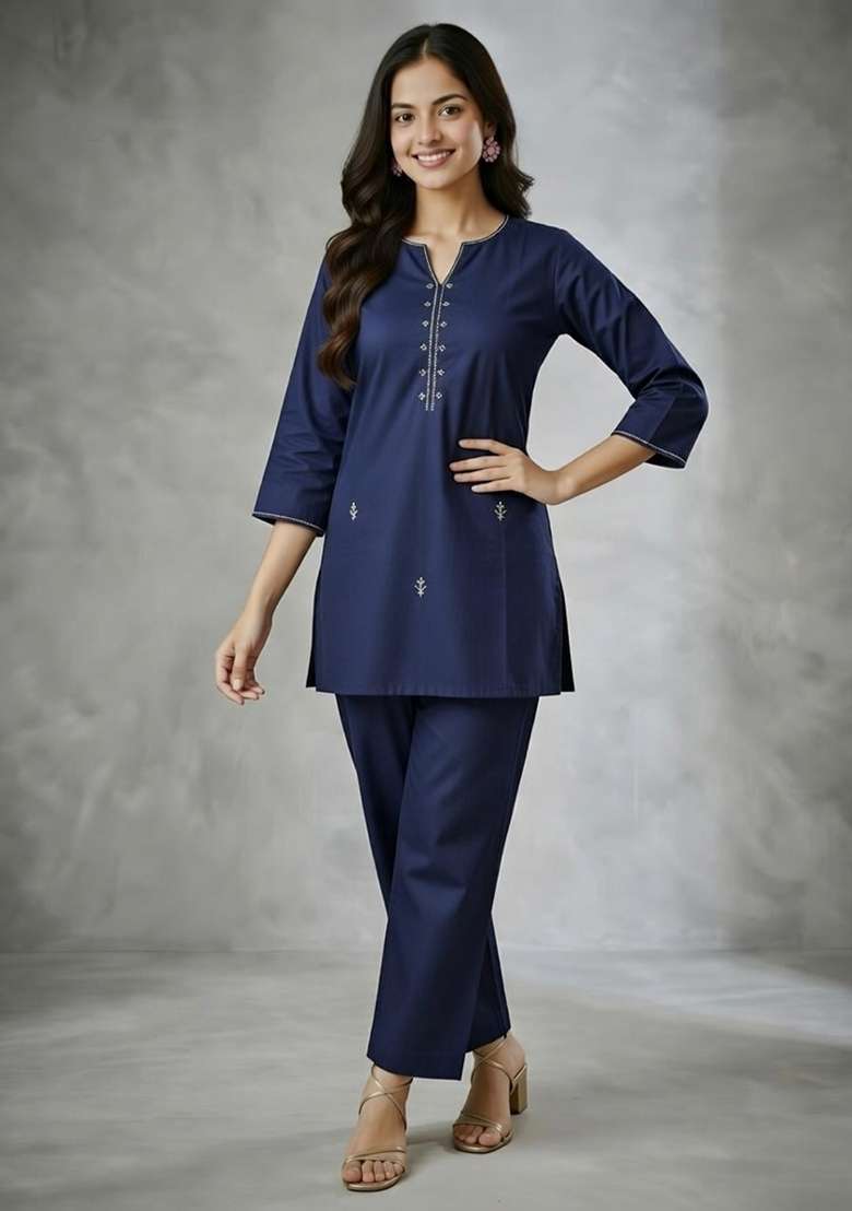 Navy Blue Embroidered Rayon Co Ord Set - Indya