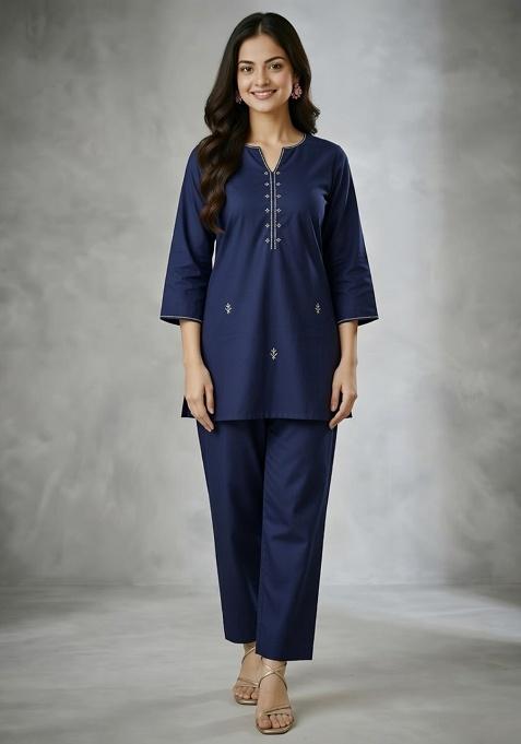 Navy Blue Embroidered Rayon Co Ord Set