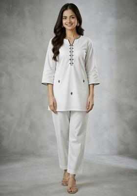 White Embroidered Rayon Co Ord Set