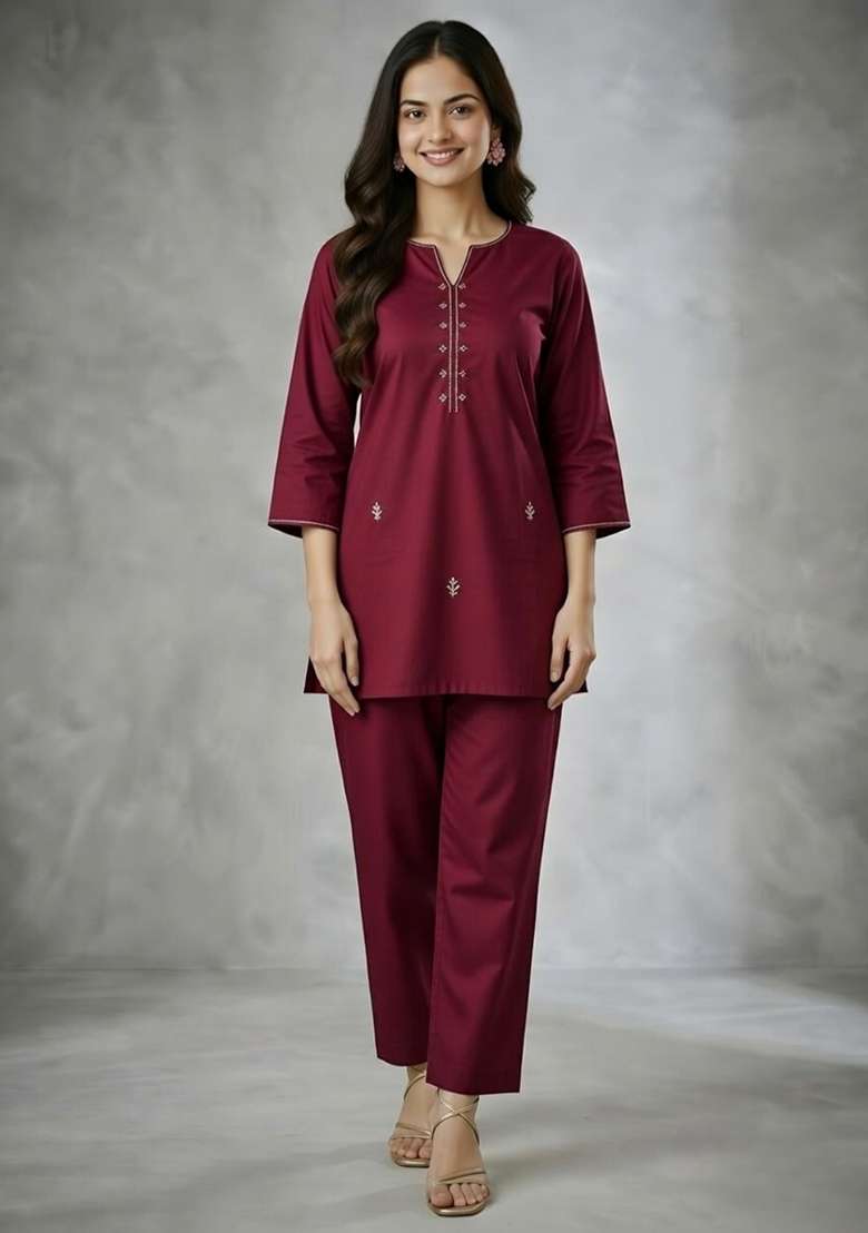 Maroon Embroidered Rayon Co Ord Set - Indya