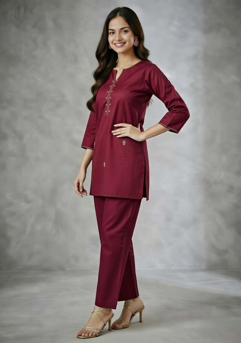 Maroon Embroidered Rayon Co Ord Set - Indya