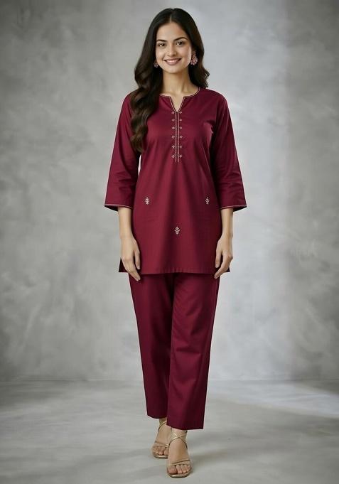 Maroon Embroidered Rayon Co Ord Set