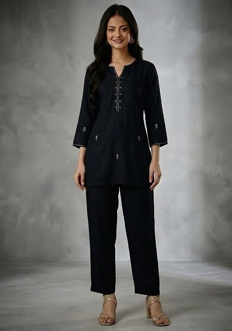 Black Embroidered Rayon Co Ord Set