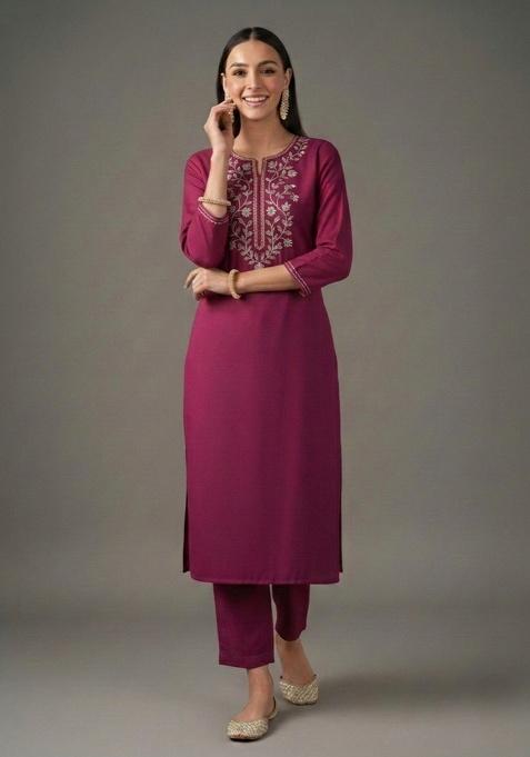 Pink Embroidered Rayon Straight Kurta Set