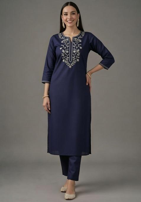 Navy Blue Embroidered Rayon Straight Kurta Set