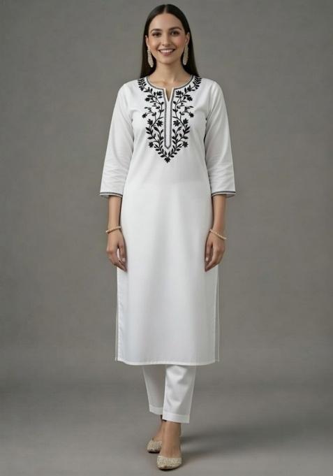 White Embroidered Rayon Straight Kurta Set
