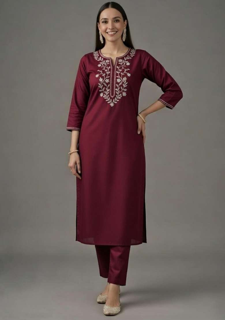 Maroon Embroidered Rayon Straight Kurta Set - Indya