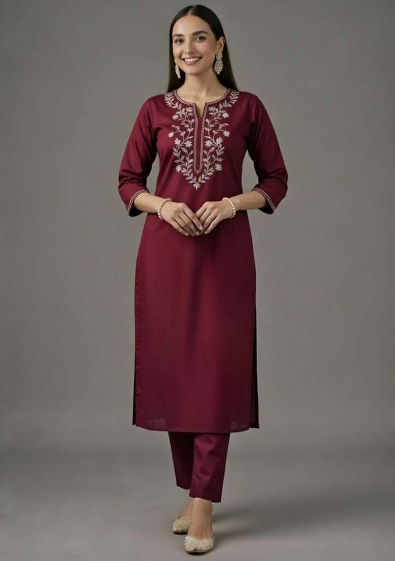 Maroon Embroidered Rayon Straight Kurta Set - Indya