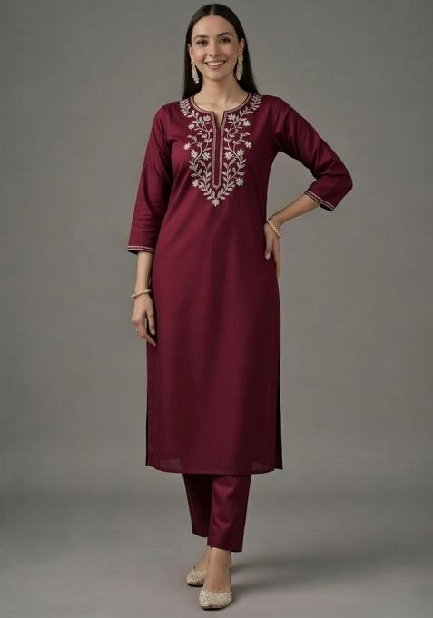 Maroon Embroidered Rayon Straight Kurta Set