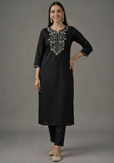 Black Embroidered Rayon Straight Kurta Set
