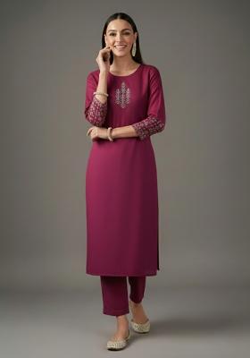 Pink Embroidered Rayon Straight Kurta Set