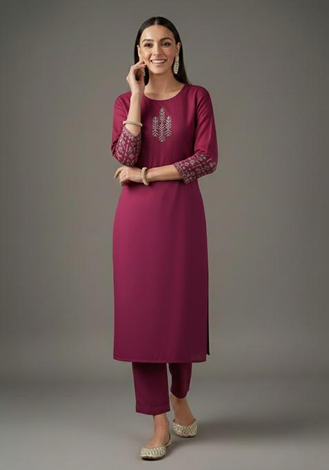 Pink Embroidered Rayon Straight Kurta Set
