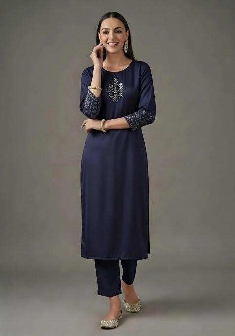 Navy Blue Embroidered Rayon Straight Kurta Set