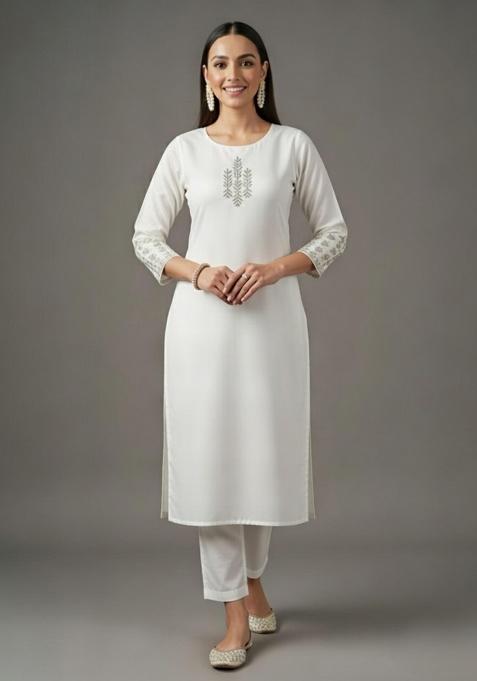 White Embroidered Rayon Straight Kurta Set