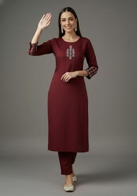 Maroon Embroidered Rayon Straight Kurta Set