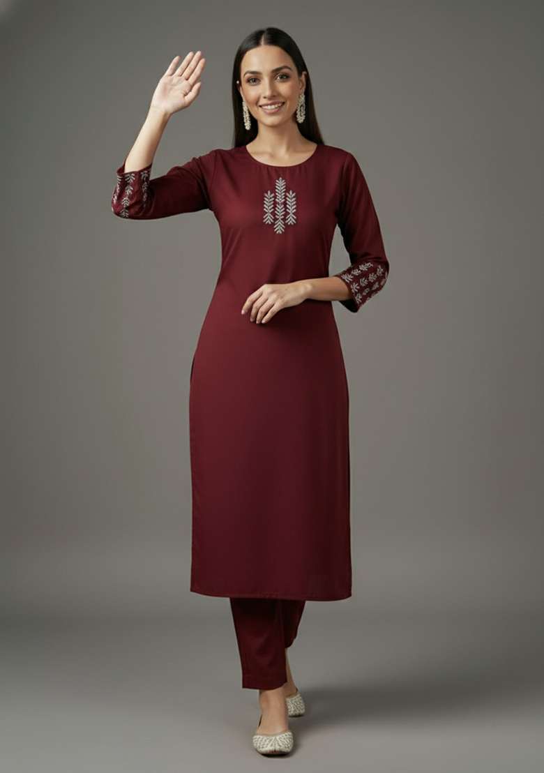 Maroon Embroidered Rayon Straight Kurta Set - Indya