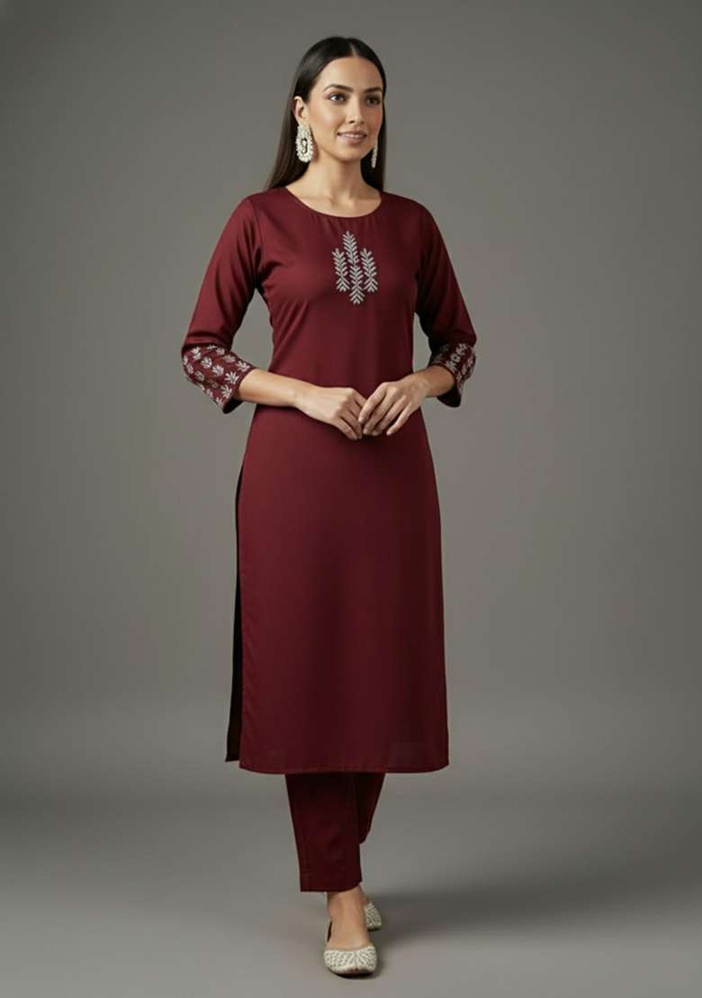 Maroon Embroidered Rayon Straight Kurta Set - Indya