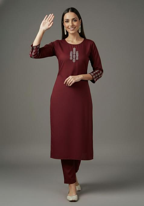 Maroon Embroidered Rayon Straight Kurta Set