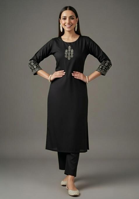Black Embroidered Rayon Straight Kurta Set