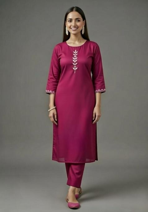 Pink Embroidered Rayon Straight Kurta Set