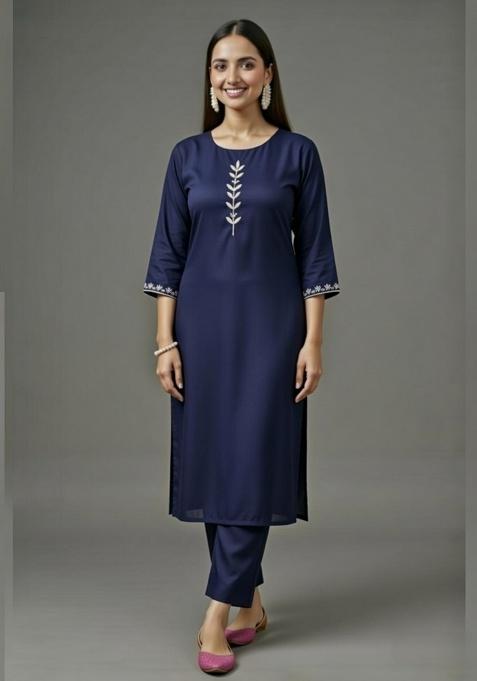 Navy Blue Embroidered Rayon Straight Kurta Set