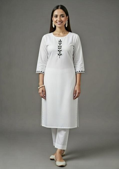 White Embroidered Rayon Straight Kurta Set