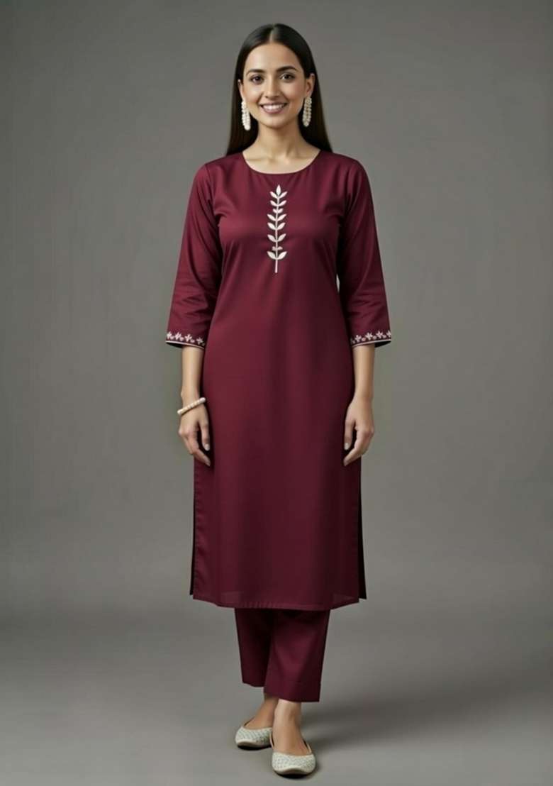 Maroon Embroidered Rayon Straight Kurta Set - Indya