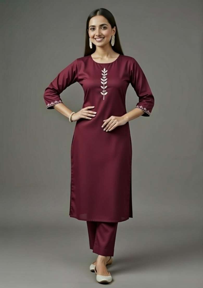 Maroon Embroidered Rayon Straight Kurta Set - Indya