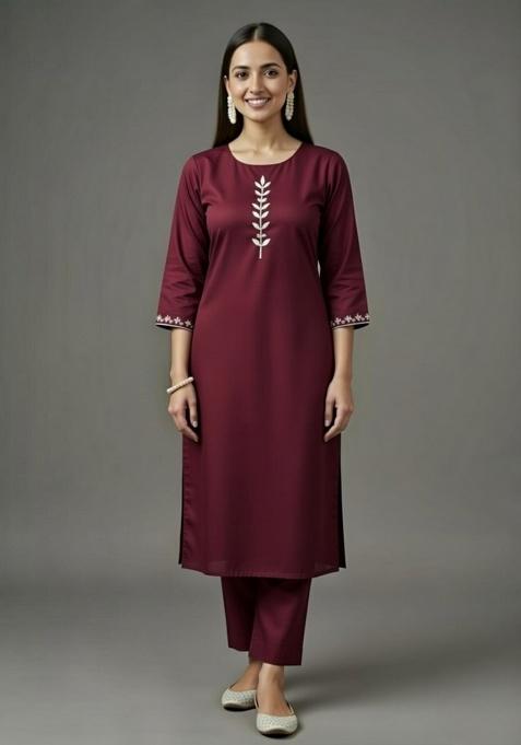 Maroon Embroidered Rayon Straight Kurta Set