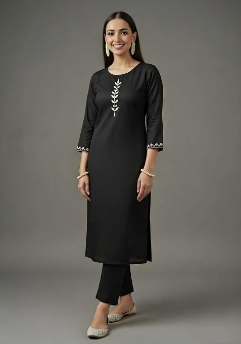 Black Embroidered Rayon Straight Kurta Set