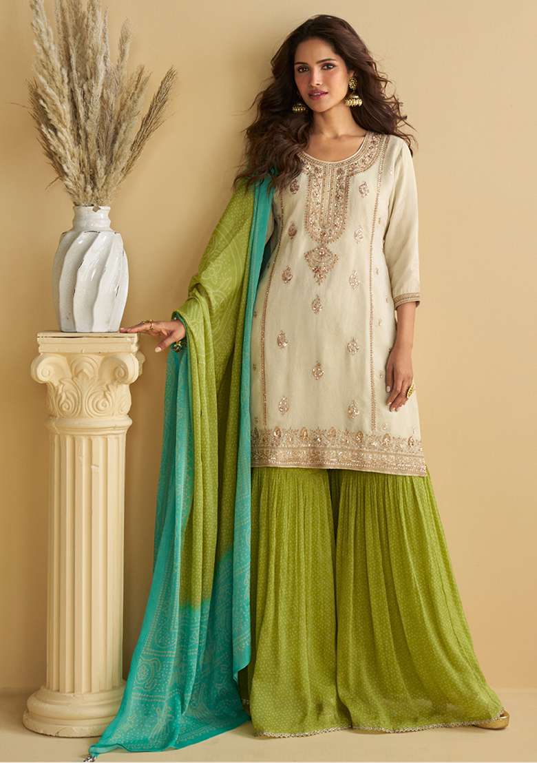 White Embroidered Chinon Sharara Set - Indya